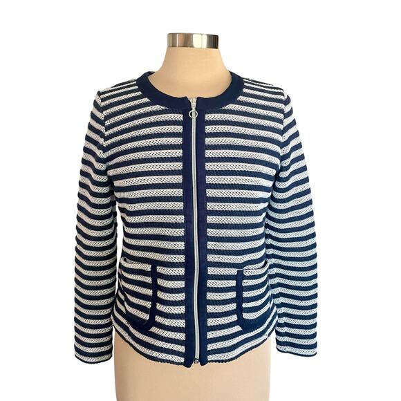 Rabe Navy White Striped Full Zip Cardigan Sweater Sz 8 Nautical Coastal Preppy - Picture 1 of 8